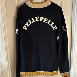 Vntg Y2K Pelle Pelle Premium Navy Cardigan Zip Sweater with Gold and Cream Trim